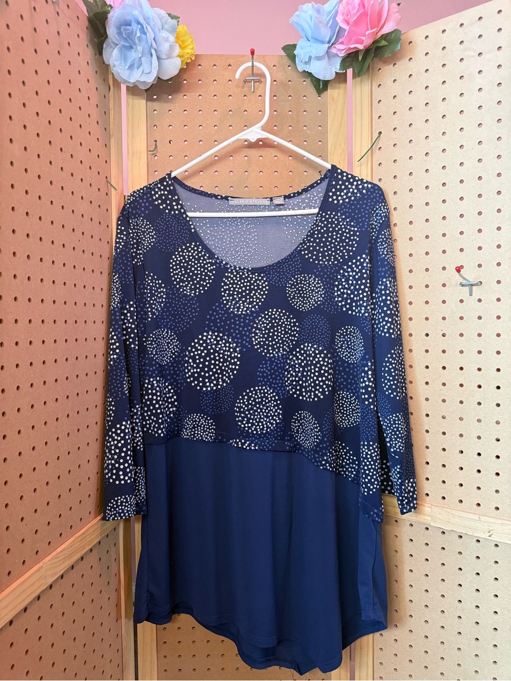 Valerie Stevens XL Navy Blue Dot Print Layered Look Tunic Top